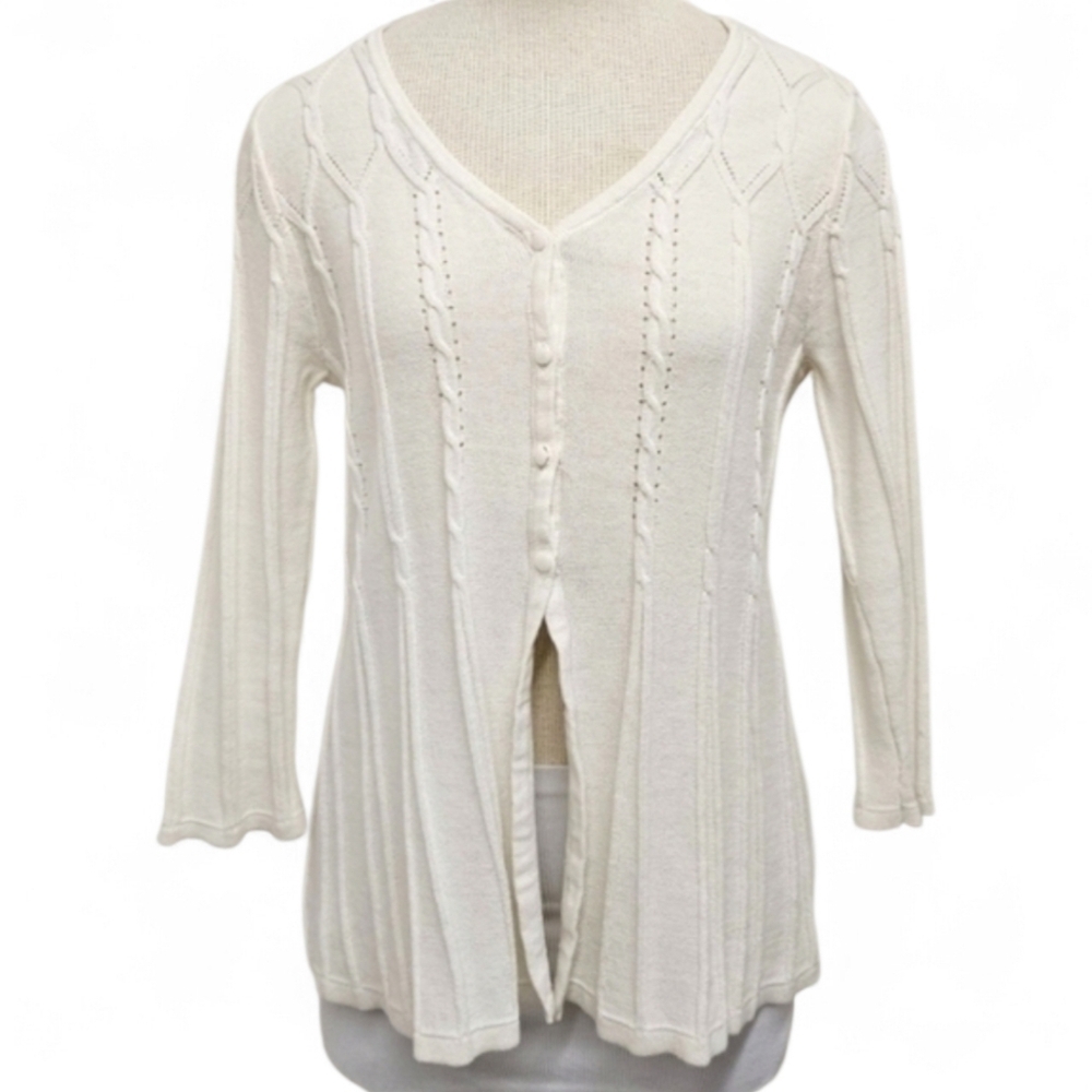Open Cable Knit Cotton Button Up Cardigan in Ivory Size Medium NWT - Picture 2 of 9